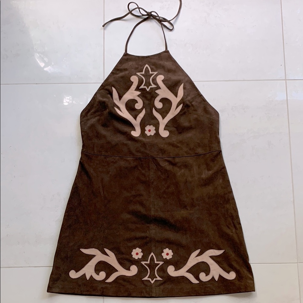 BNWT Free People Brown halter open back Dress genuine leather suede large sienna